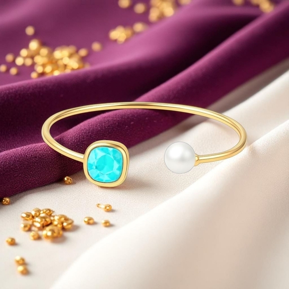 🆕️Elegant 18K Gold Plated Stainless Steel Aquamarine Pearl Cuff Bracelet Studs - Picture 11 of 13